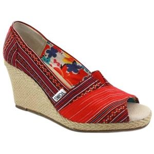Toms Red Lina Peep Toe Espadrille Wedge Sandals